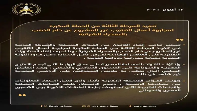 المتحدث العسكري: ننفذ المرحلة الثالثة لمكافحة التنقيب العشوائي عن الذهب