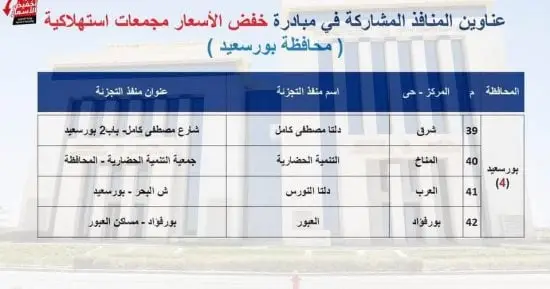 عناوين أماكن طرح السلع بمحافظة بورسعيد ضمن مبادرة تخفيض الأسعار.. تفاصيل