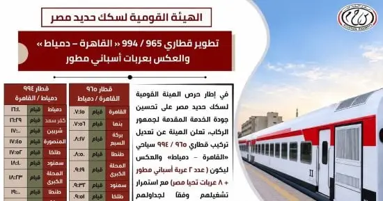 ​السكة الحديد: تطوير قطاري 965 / 994 «القاهرة - دمياط» بعربات إسباني مطور