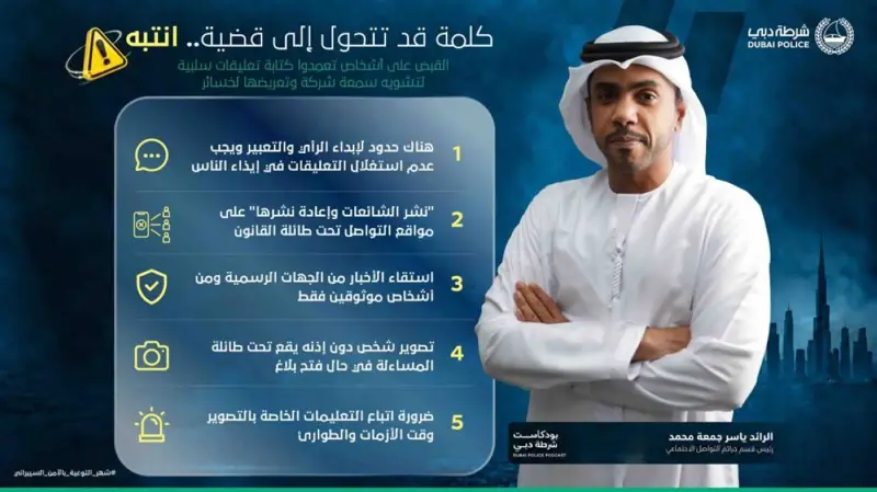شرطة دبي: القبض على أشخاص تعمدوا كتابة تعليقات سلبية لتشويه سمعة شركة وتعريضها لخسائر