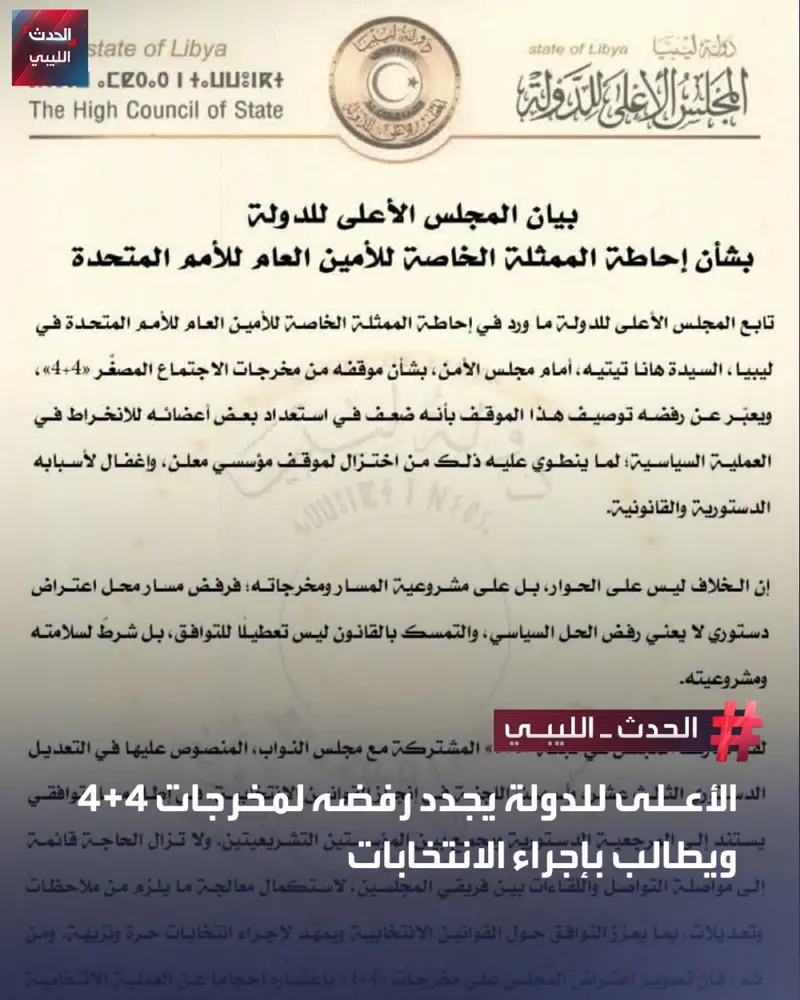 أكد المجلس الأعلى للدولة أن اعتراضه على مخرجات الاجتماع المصغر 4+4 لا يستهدف الع - اخبار ليبيا