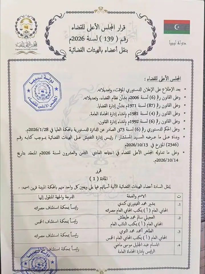 رئيس المجلس الأعلى للقضاء بالمنطقة الغربية، عبدالله بورزيزة، يصدر قرارًا بنقل أكثر من 199 - اخبار ليبيا
